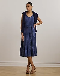 Print Belted Slub Jersey Tiered Dress