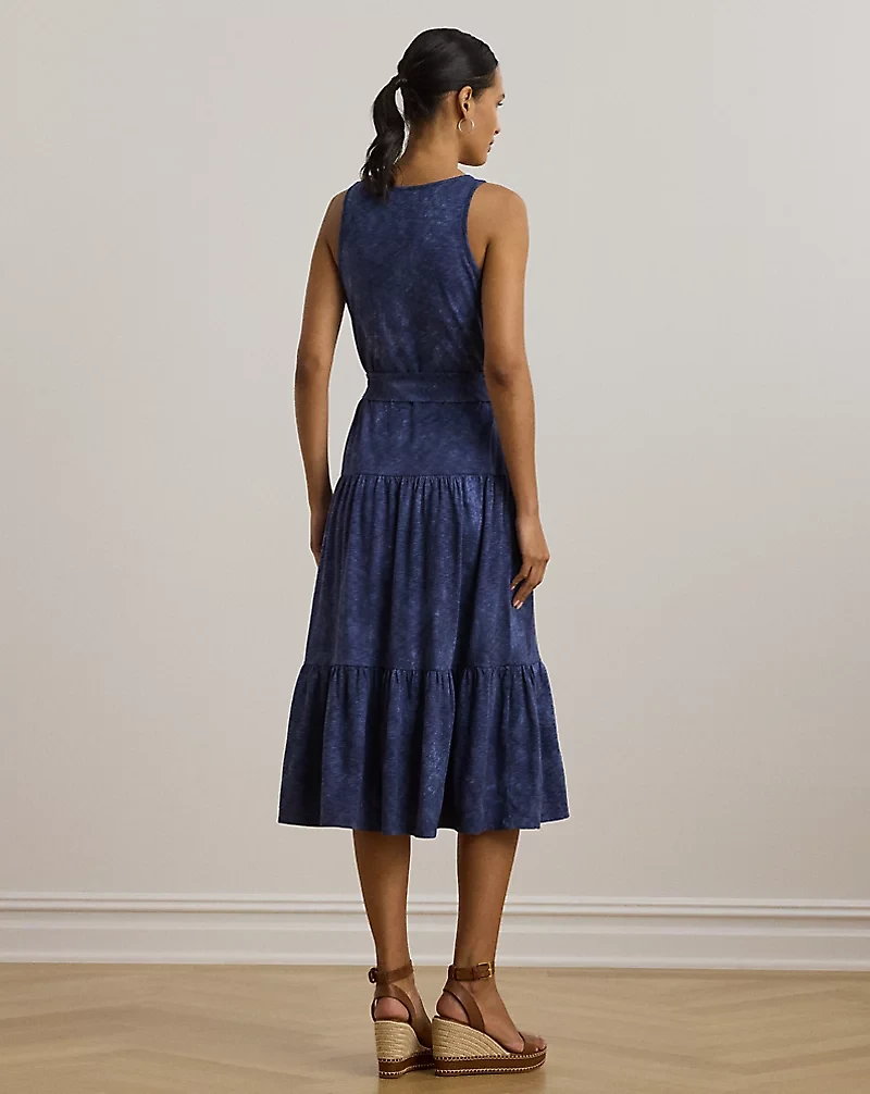 Print Belted Slub Jersey Tiered Dress