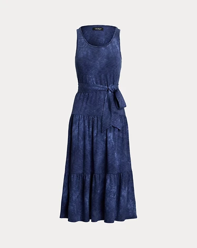 Print Belted Slub Jersey Tiered Dress