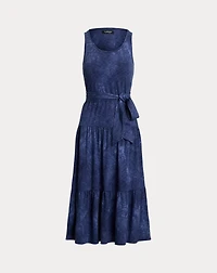 Print Belted Slub Jersey Tiered Dress