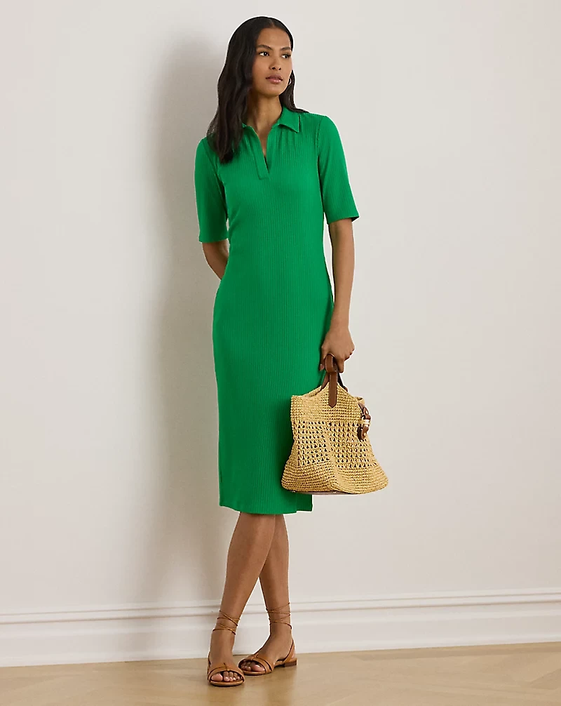Rib-Knit Elbow-Sleeve Polo Dress