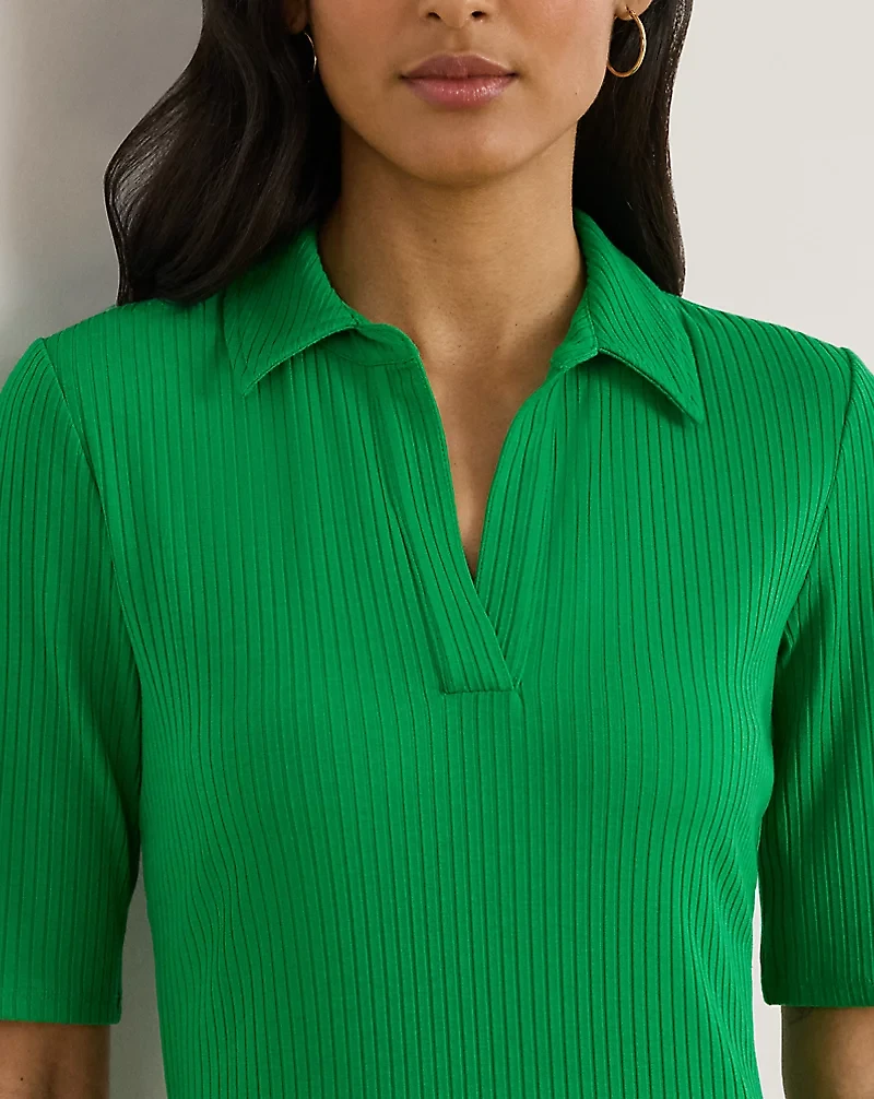Rib-Knit Elbow-Sleeve Polo Dress