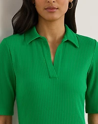 Rib-Knit Elbow-Sleeve Polo Dress