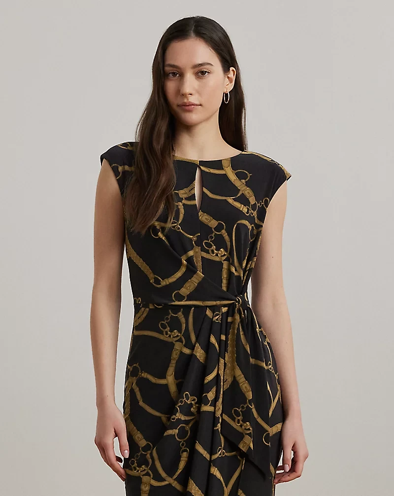 Belting-Print Jersey Tie-Front Dress