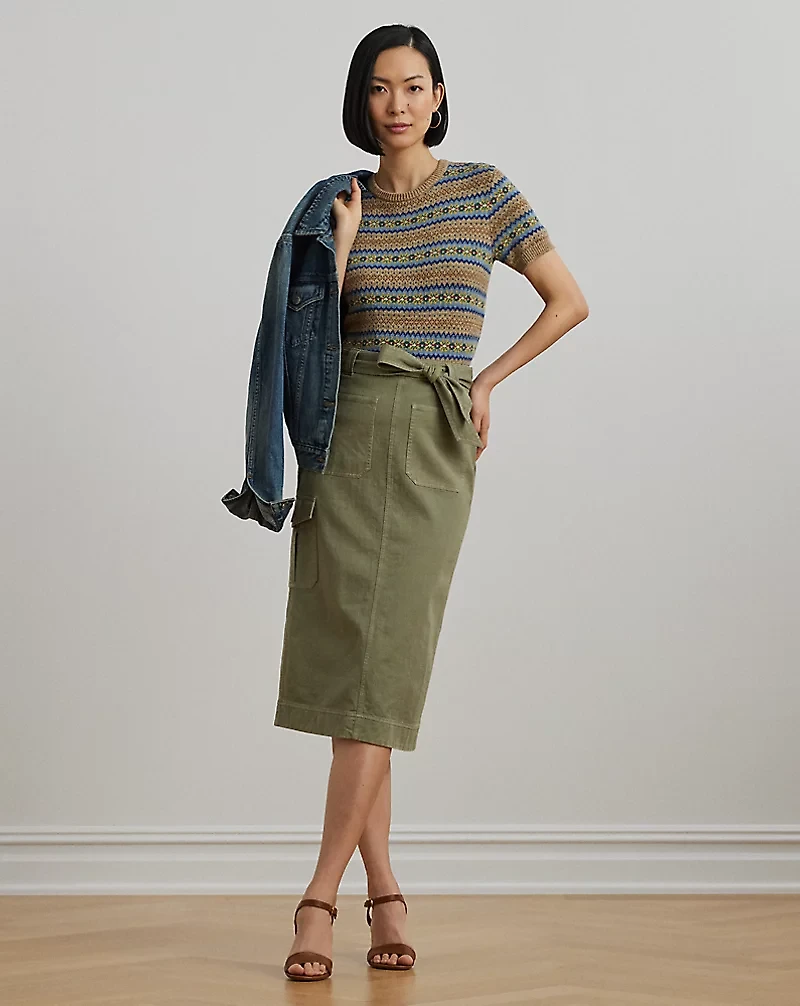 Belted Cotton Twill Pencil Skirt