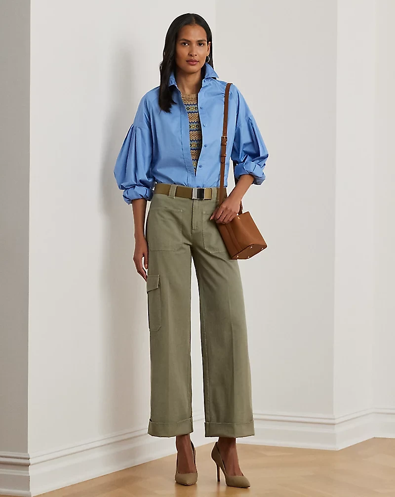Pleated Cotton Twill Wide-Leg Cargo Pant