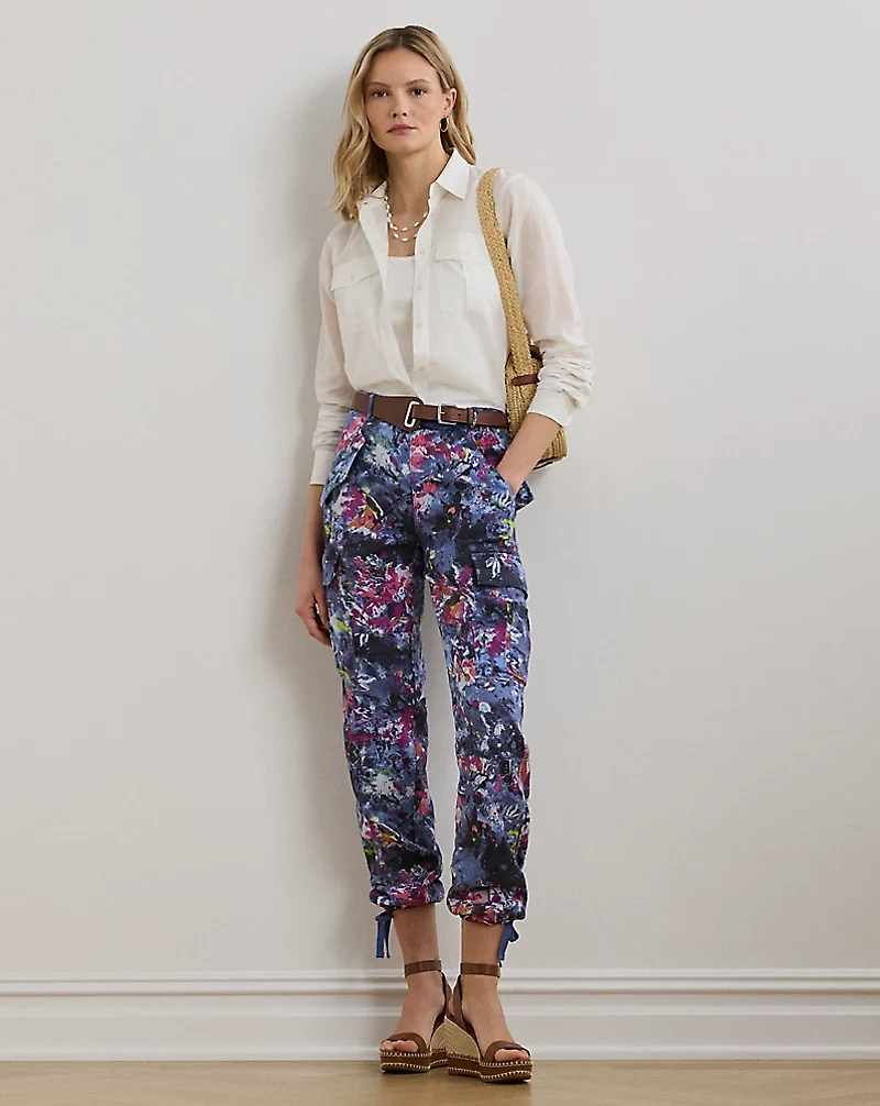 Print Linen Cargo Ankle Pant
