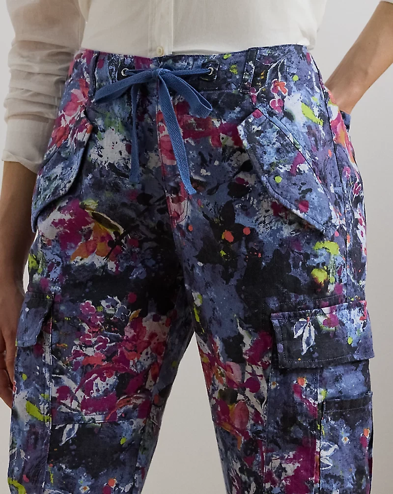 Print Linen Cargo Ankle Pant