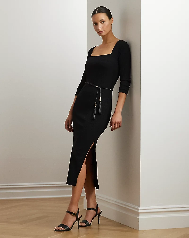 Rib-Knit Long-Sleeve Midi Dress