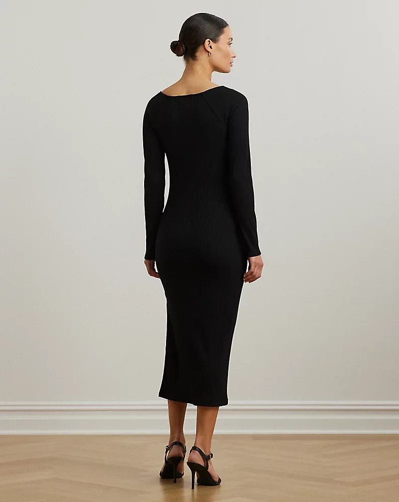 Rib-Knit Long-Sleeve Midi Dress