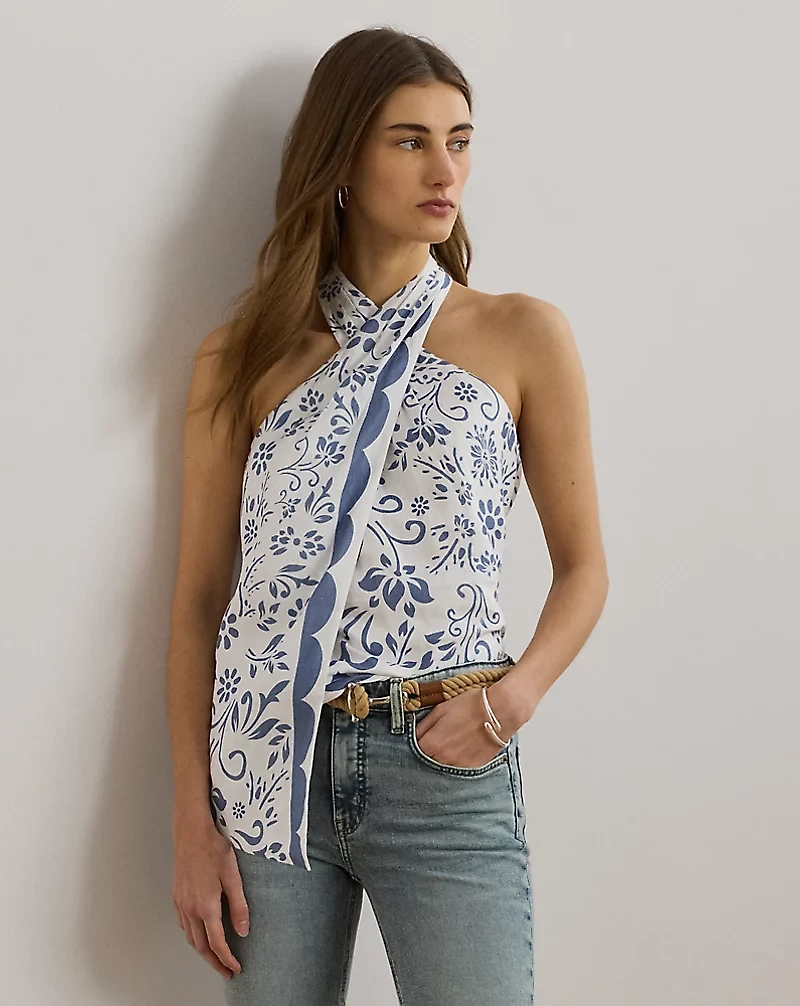 Floral Linen Sleeveless Halter Blouse