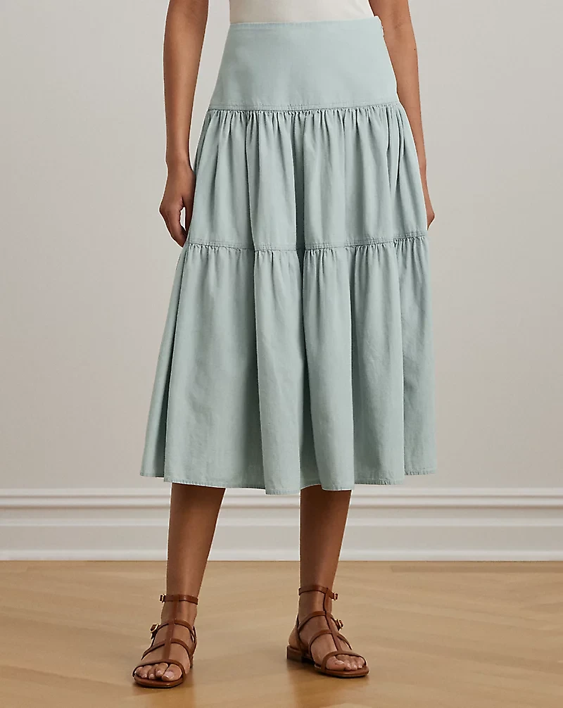 Chambray Tiered Midi Skirt