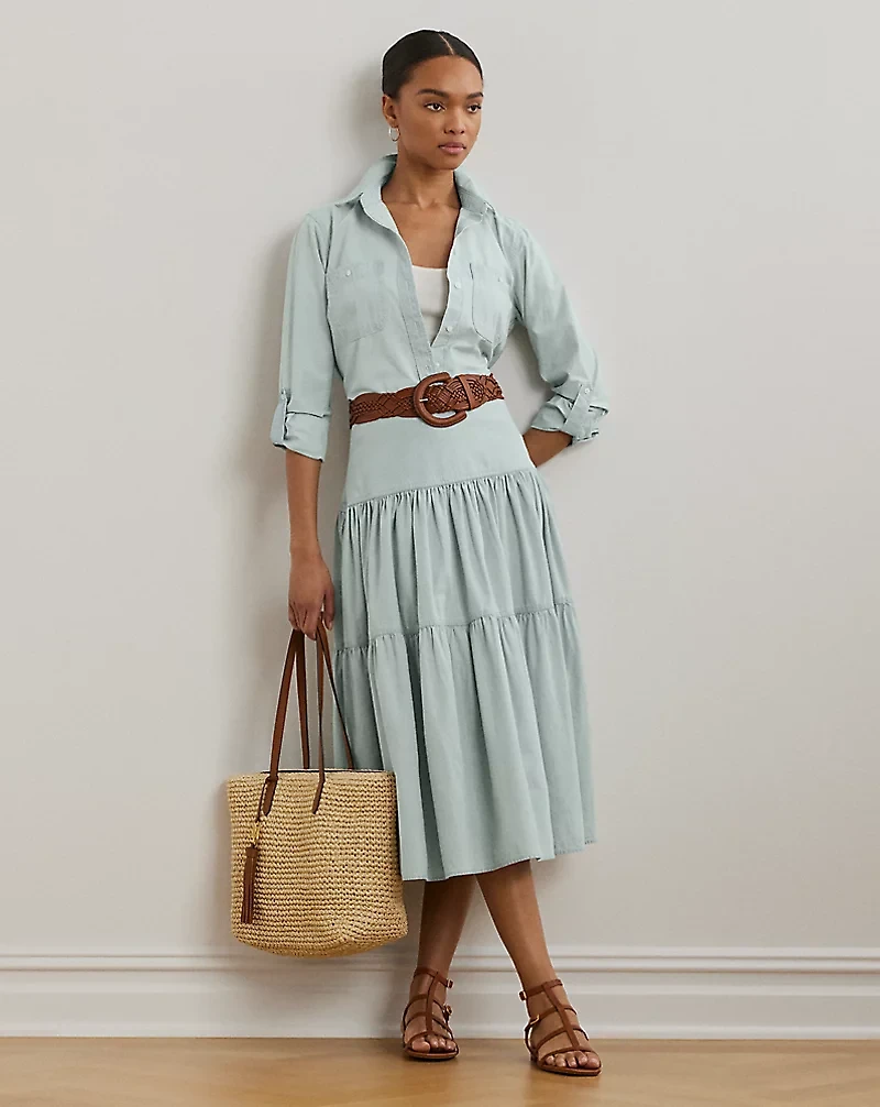 Chambray Tiered Midi Skirt