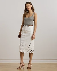 Eyelet Denim Midi Skirt