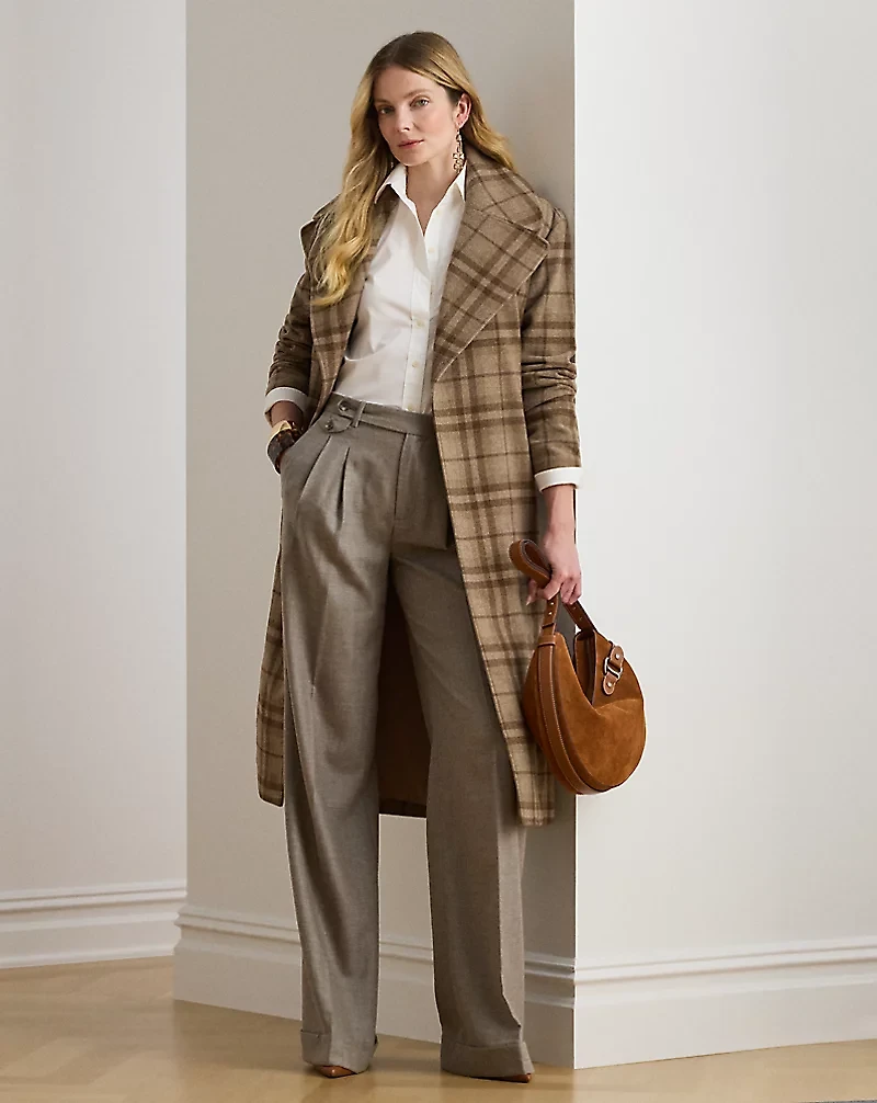 Plaid Wool-Blend Twill Wrap Coat