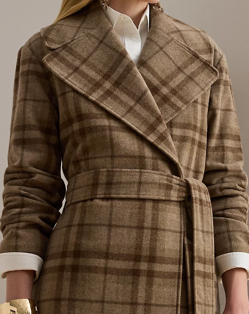 Plaid Wool-Blend Twill Wrap Coat