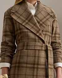 Plaid Wool-Blend Twill Wrap Coat