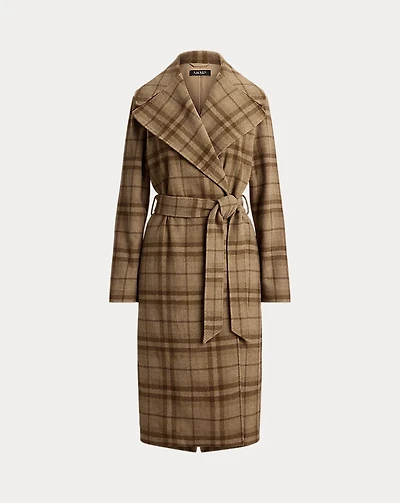 Plaid Wool-Blend Twill Wrap Coat