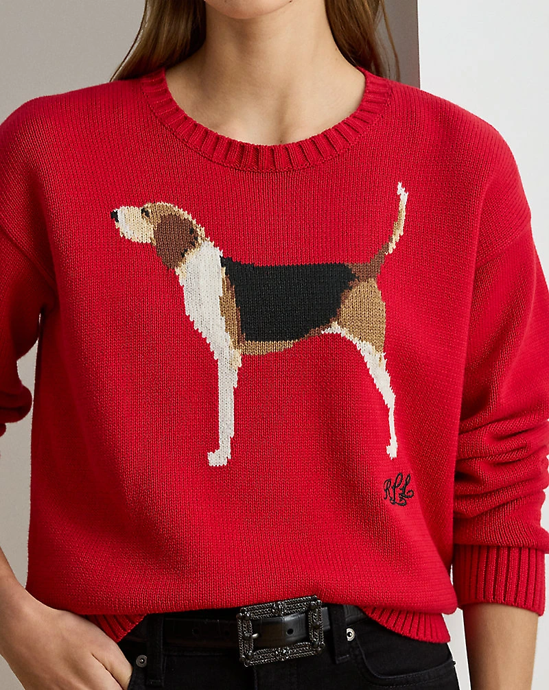 Intarsia-Knit Foxhound Cotton Sweater