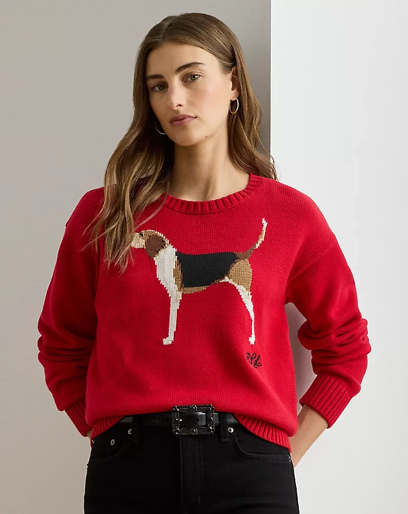 Intarsia-Knit Foxhound Cotton Sweater