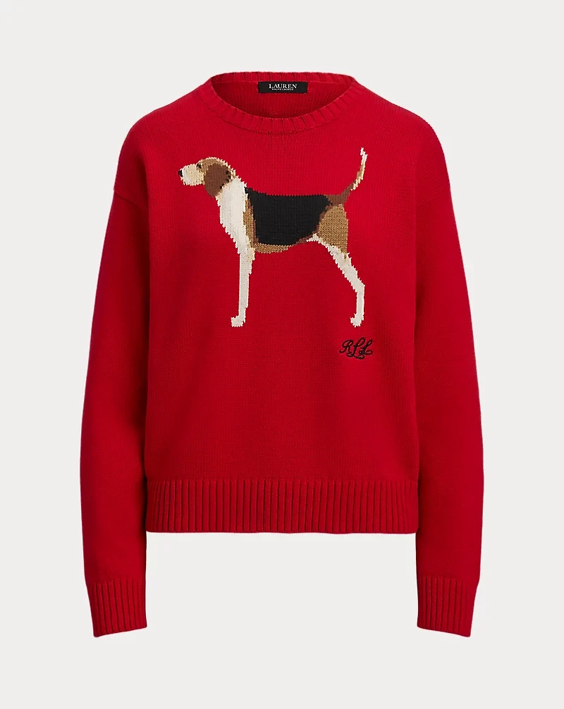Intarsia-Knit Foxhound Cotton Sweater
