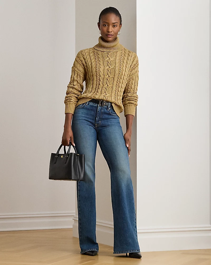 Metallic Cable-Knit Turtleneck Sweater