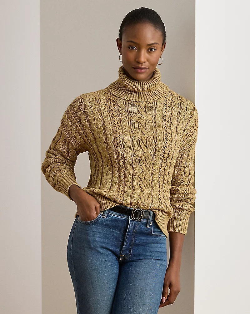 Metallic Cable-Knit Turtleneck Sweater