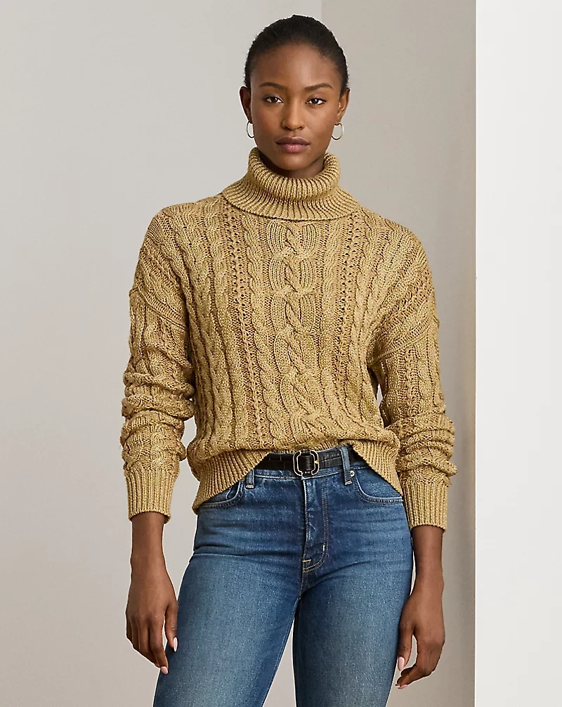 Metallic Cable-Knit Turtleneck Sweater