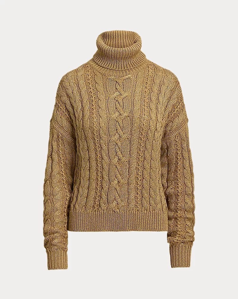 Metallic Cable-Knit Turtleneck Sweater