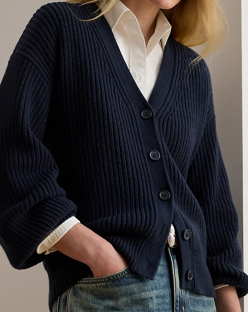Ribbed Wool-Blend V-Neck Cardigan