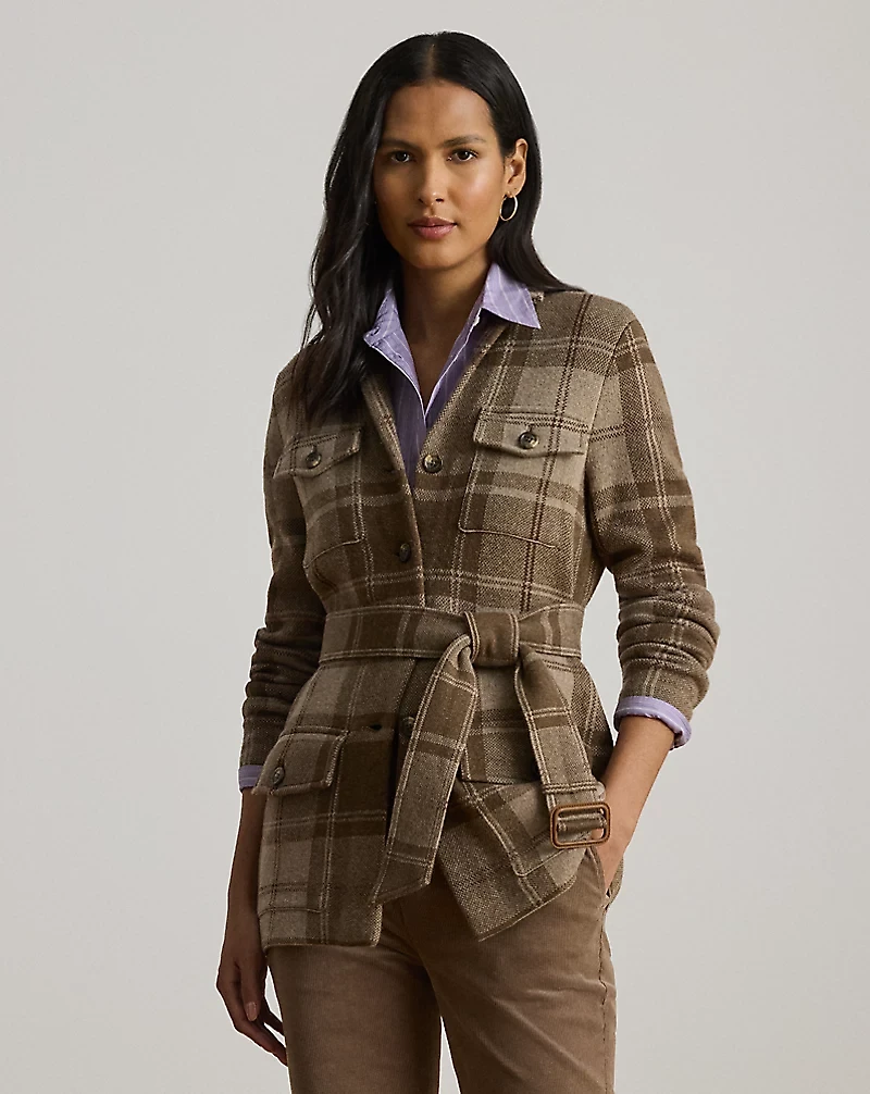 Plaid Belted Double-Knit Blazer