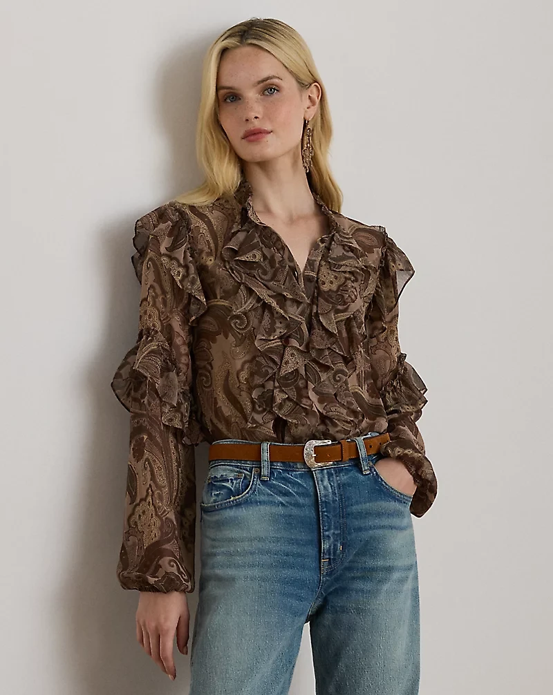 Paisley Ruffle-Trim Chiffon Blouse