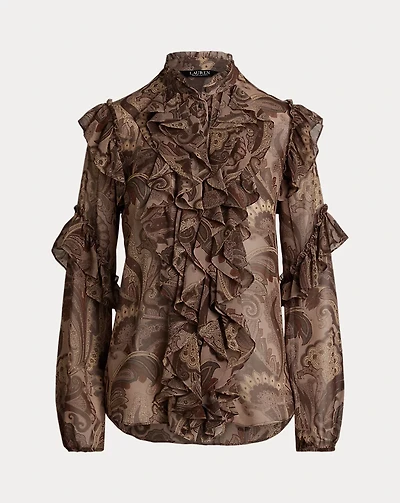 Paisley Ruffle-Trim Chiffon Blouse