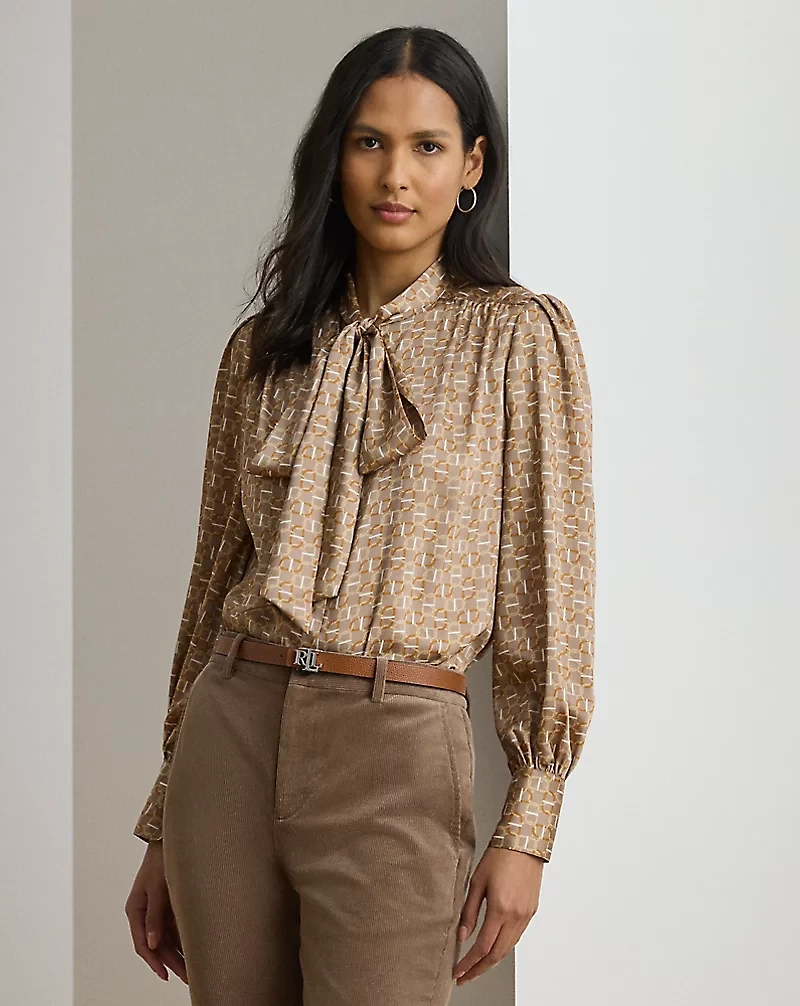 Geo-Print Twill Tie-Neck Blouse