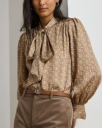Geo-Print Twill Tie-Neck Blouse