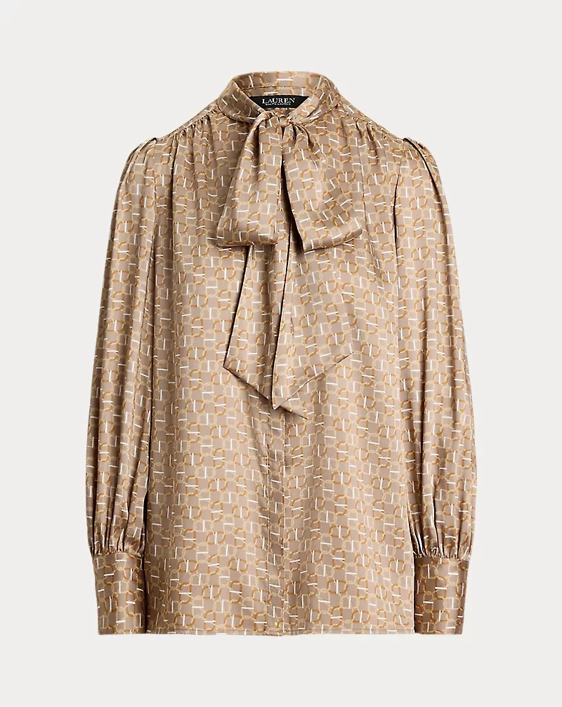 Geo-Print Twill Tie-Neck Blouse