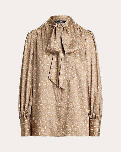 Geo-Print Twill Tie-Neck Blouse