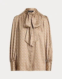 Geo-Print Twill Tie-Neck Blouse