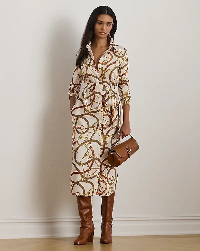 Belting-Print Twill Shirtdress