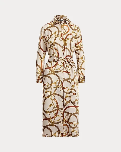 Belting-Print Twill Shirtdress
