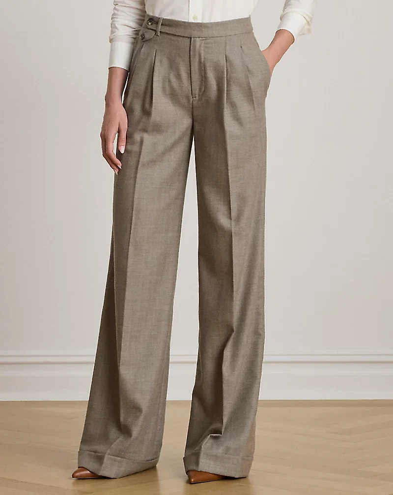 Pleated Wool Herringbone Wide-Leg Pant