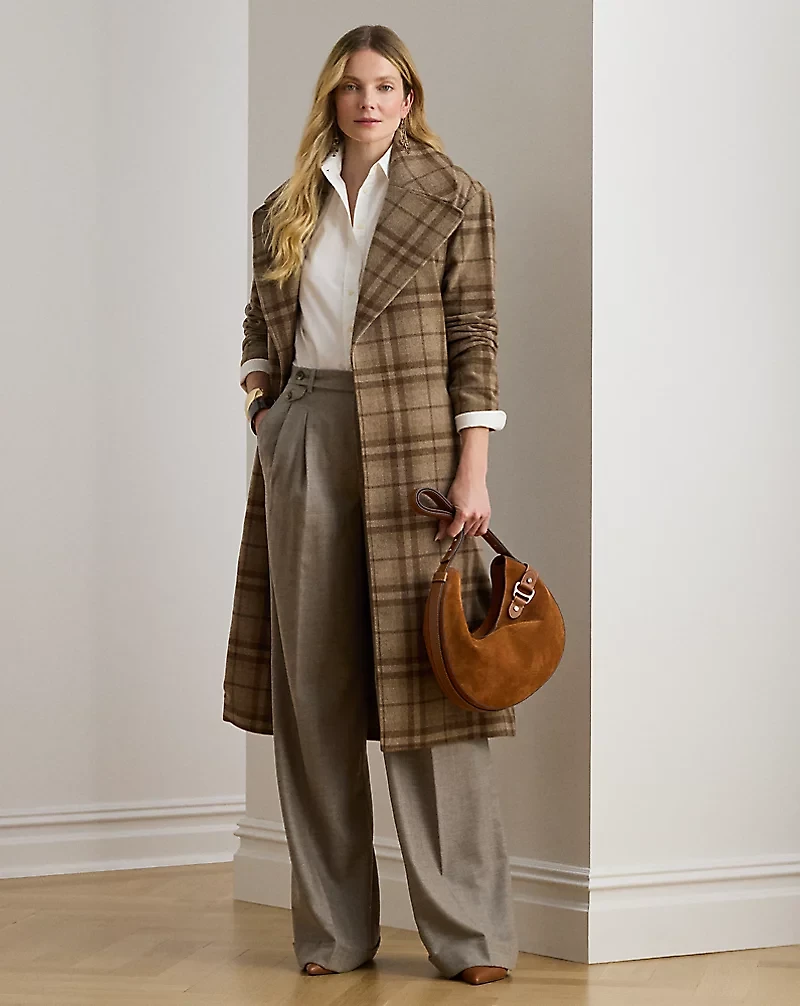 Pleated Wool Herringbone Wide-Leg Pant