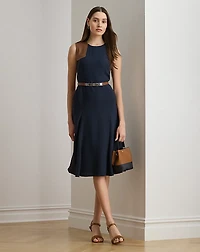 Faux-Leather-Trim Georgette Dress