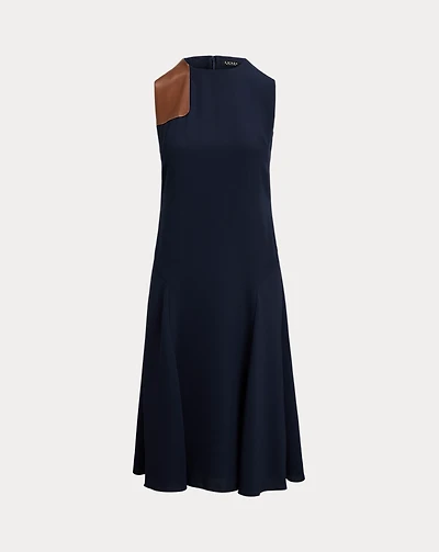 Faux-Leather-Trim Georgette Dress
