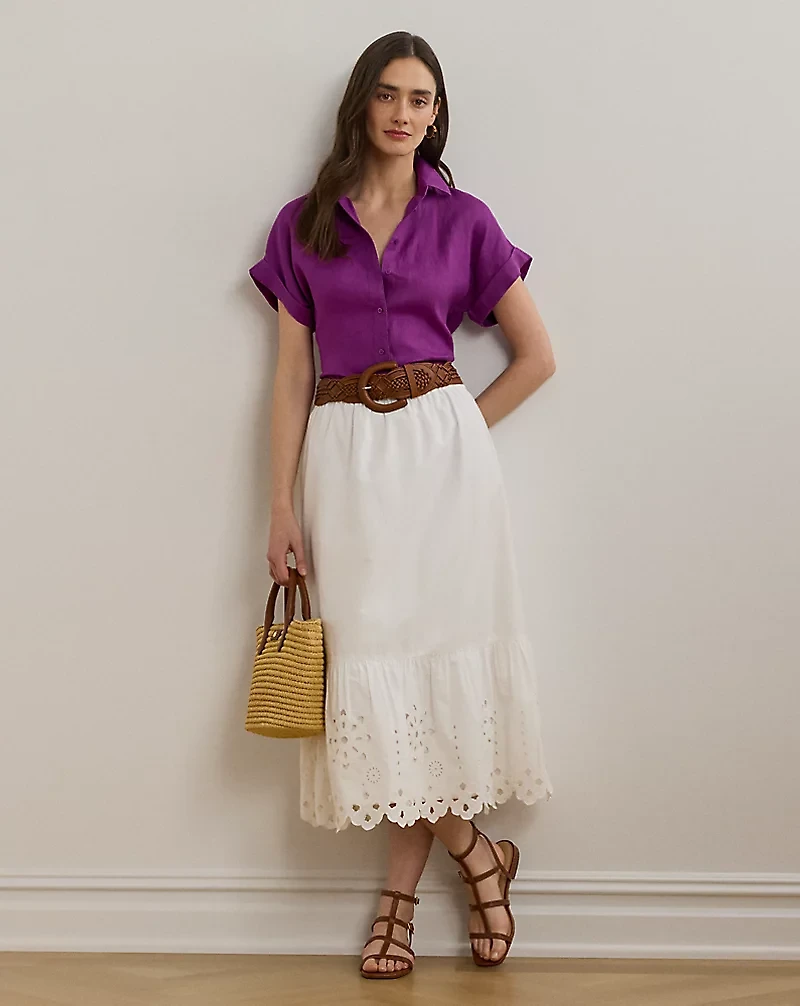 Eyelet Cotton Broadcloth Midi Skirt