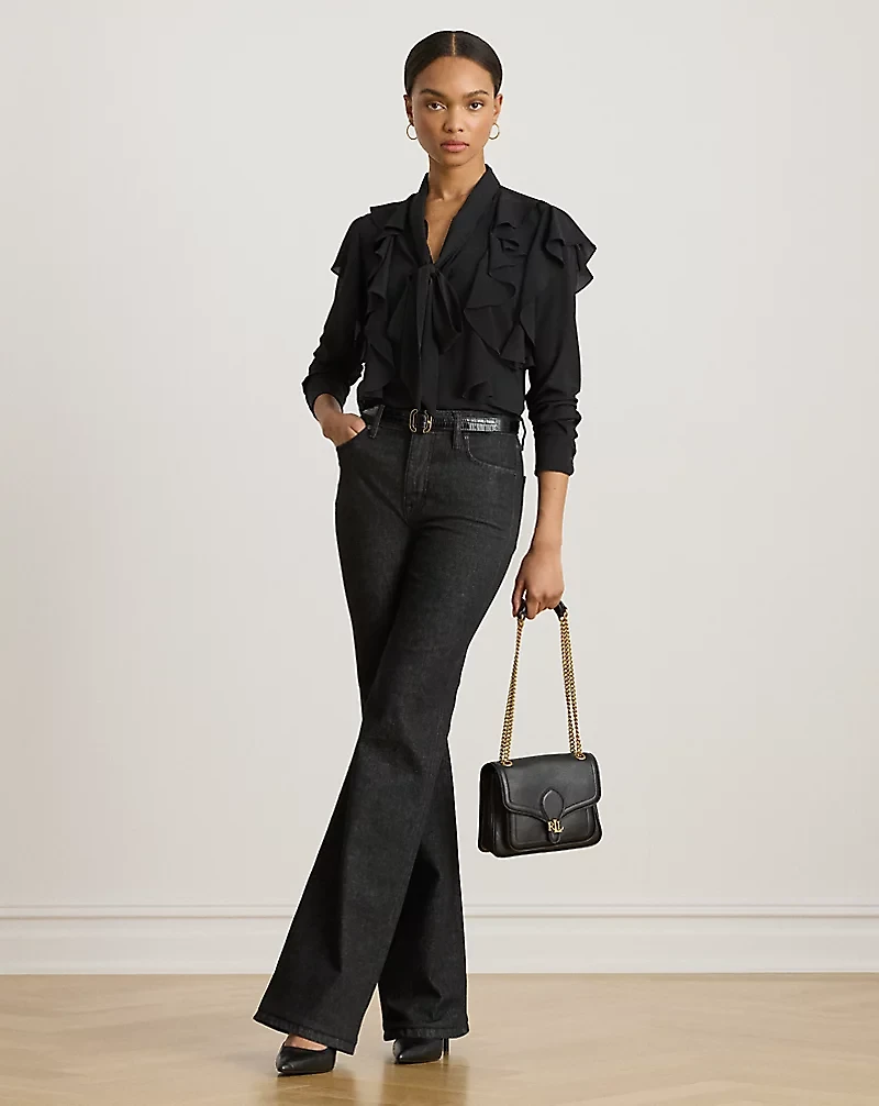Ruffle-Trim Georgette Tie-Neck Blouse