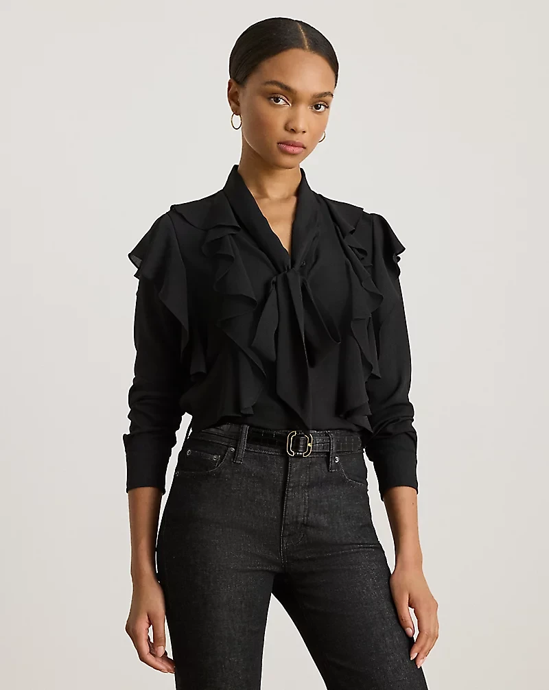 Ruffle-Trim Georgette Tie-Neck Blouse