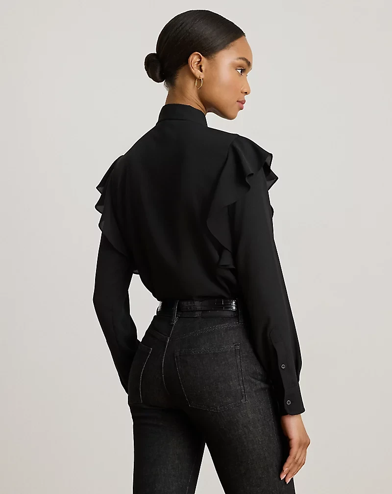 Ruffle-Trim Georgette Tie-Neck Blouse
