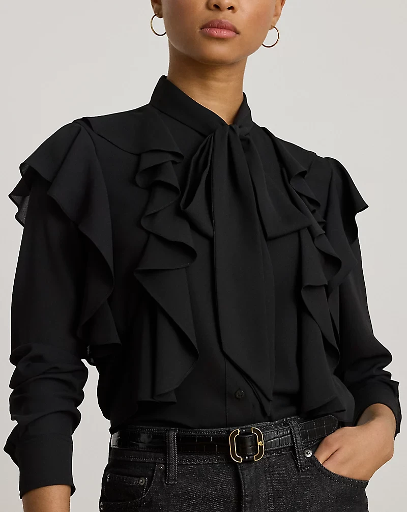 Ruffle-Trim Georgette Tie-Neck Blouse