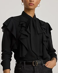 Ruffle-Trim Georgette Tie-Neck Blouse